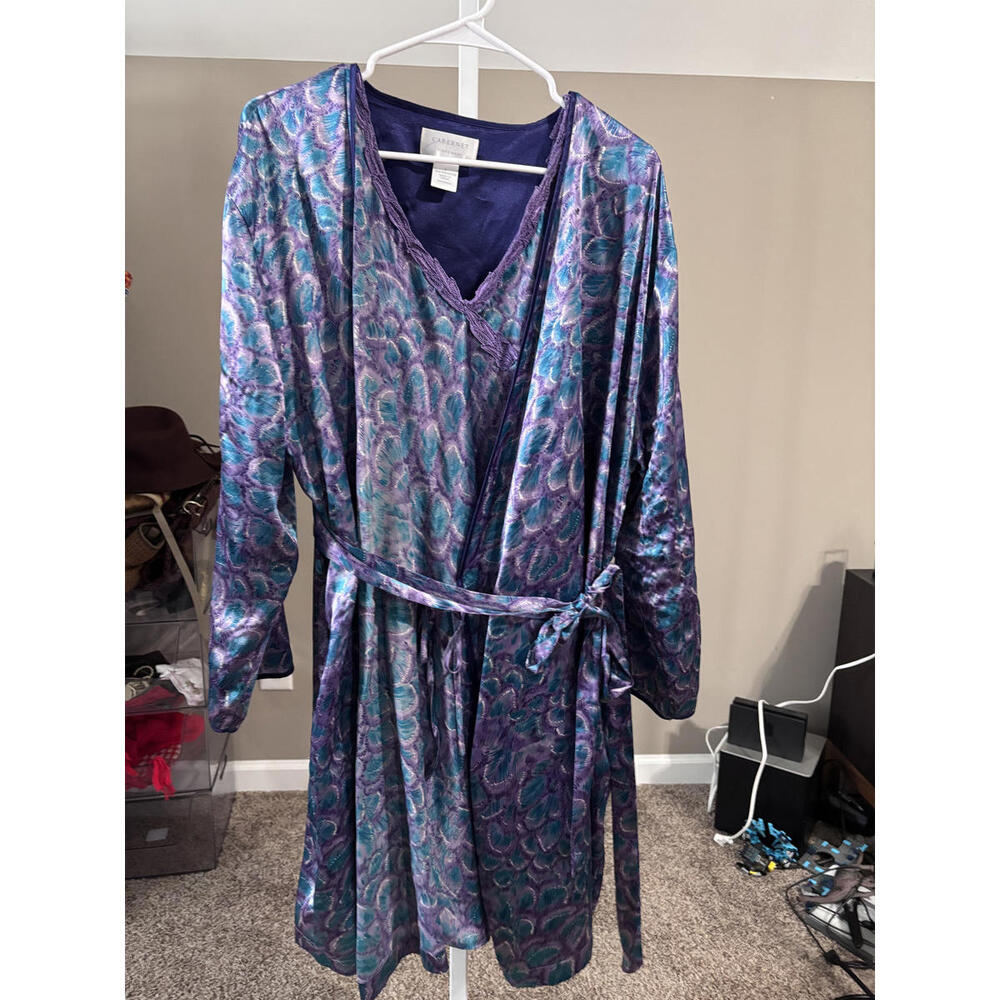 Vintage Cabernet Purple & Teal Satin Nightgown Robe Set